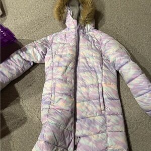 Lands' End Pastel Puffer Jacket with Faux Fur Hood